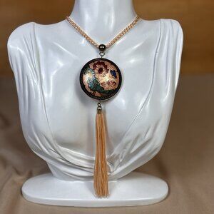 Vintage 1980s Pink Closionne Pendant with Butterfly and Flower Design B41